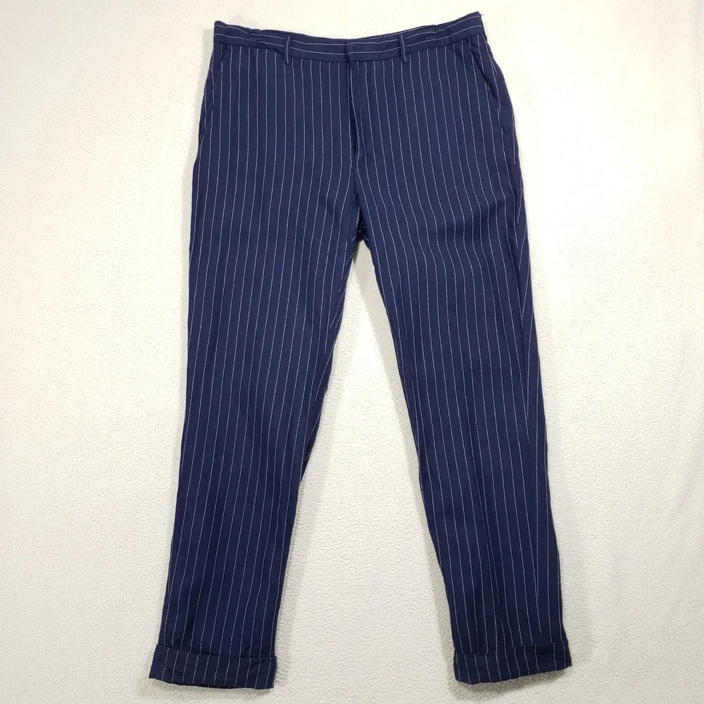 Polo Ralph Lauren Linen Trousers Men 36x30 Navy Blue Blend Pinstripe Dress Pants